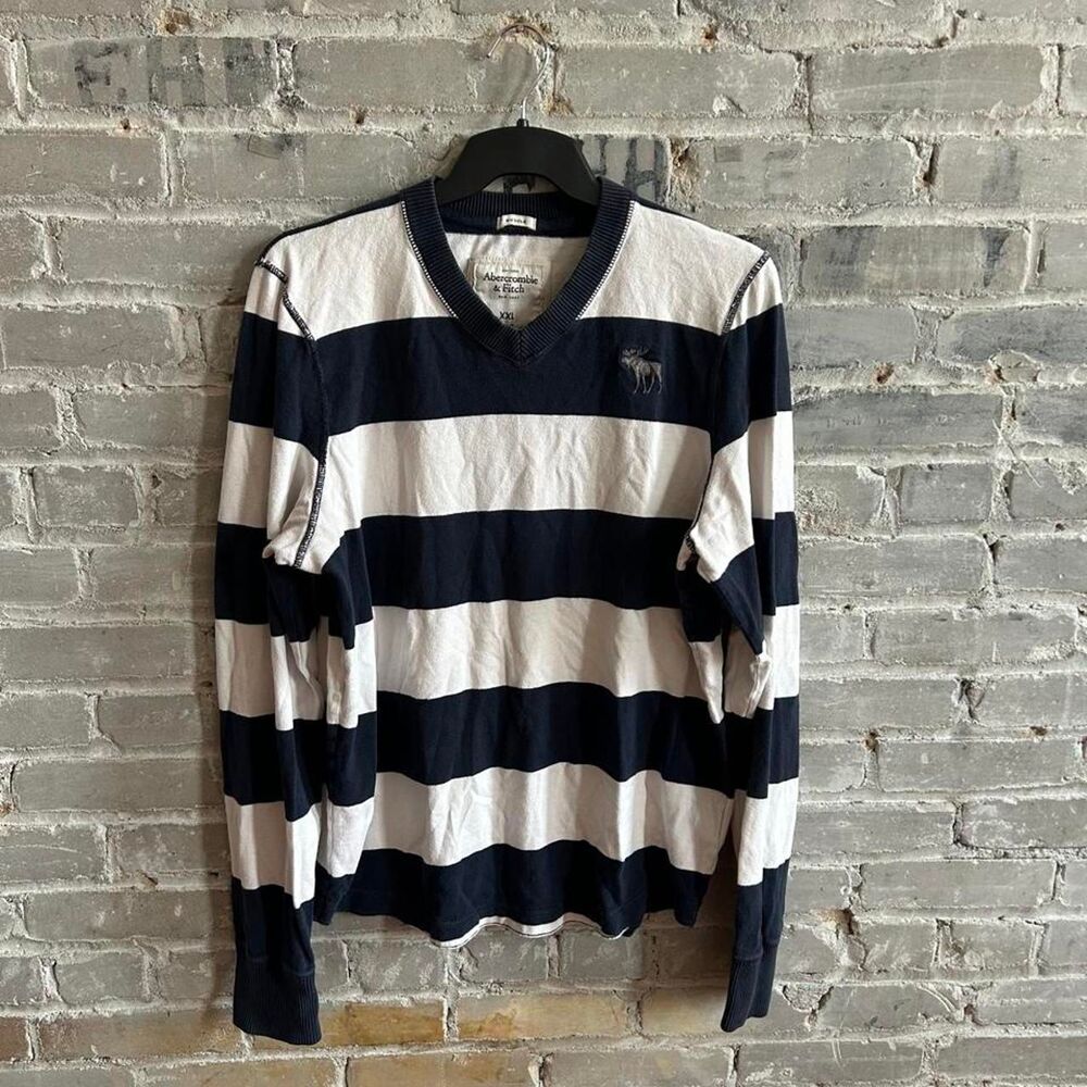 Vintage Y2K Abercrombie & Fitch Striped V-Neck Long Sleeve Shirt Navy White XXL